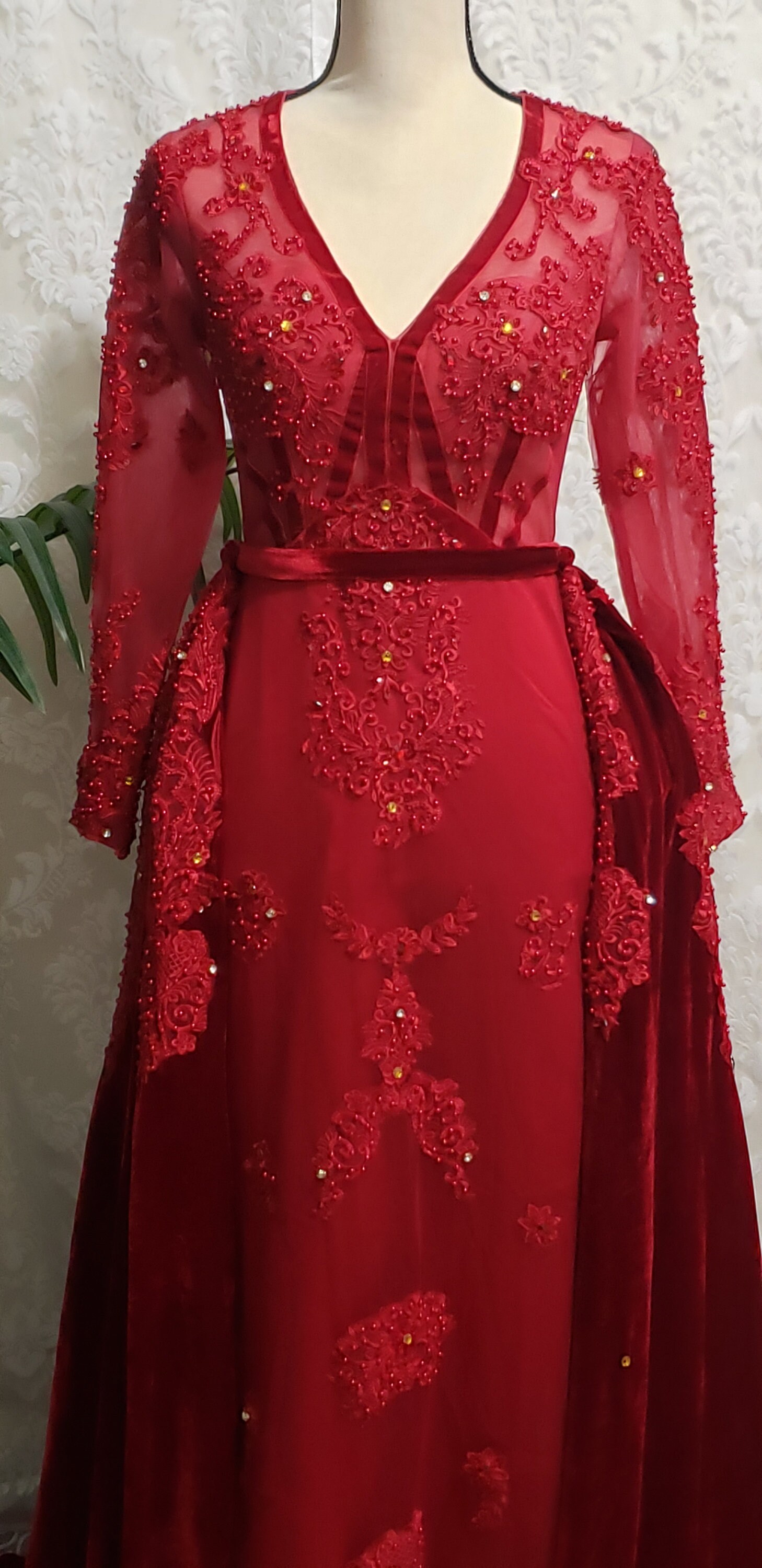Burgundy Long-sleeved Mermaid Vneck Dress With Detachable Velvet Skirt. -  Etsy