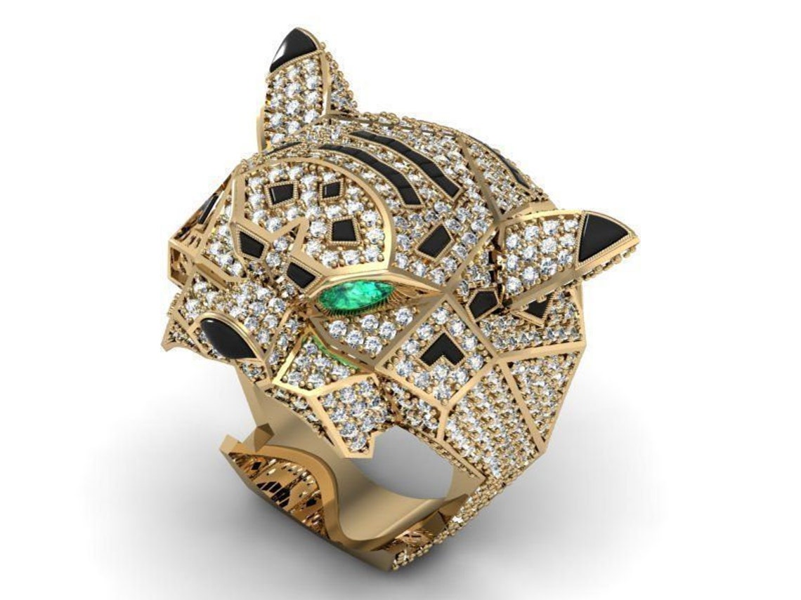 14k Yellow Gold Over Diamond Tiger Ring Animal Panther Ring Etsy