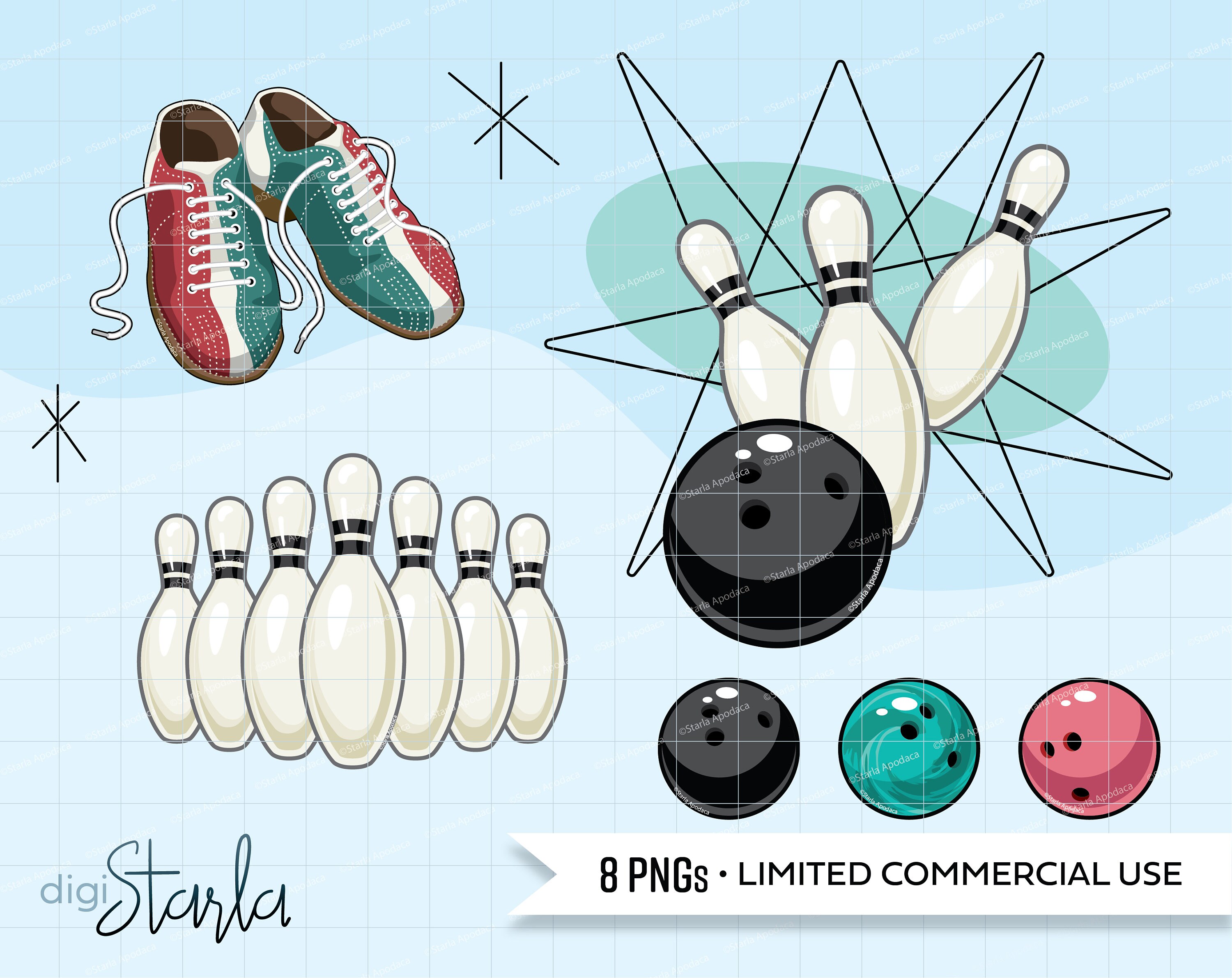 Retro Bowling Clip Art Bowling Pins Balls Ball Striking Etsy