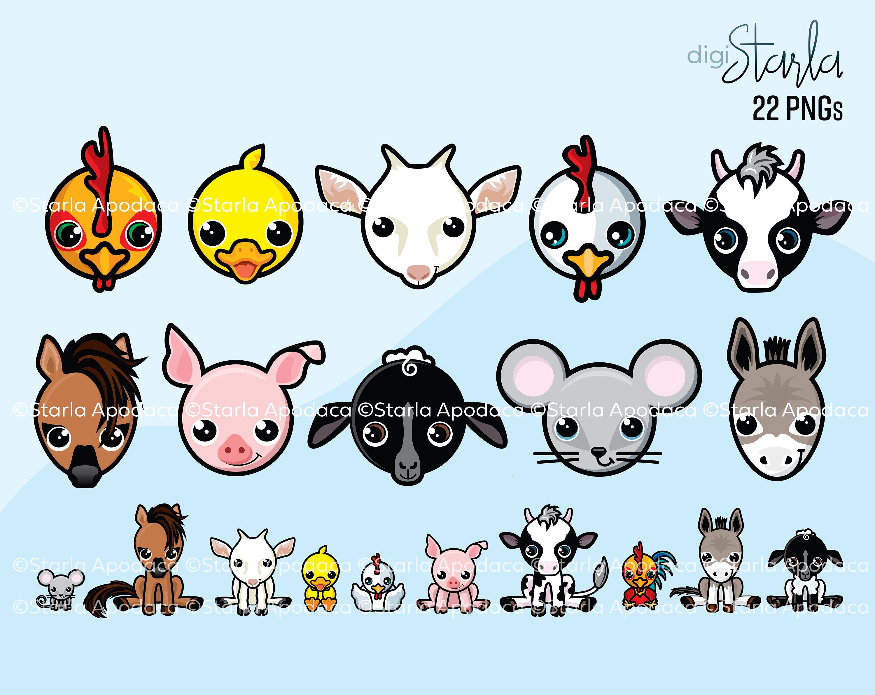 Cute Farm Animal Clip Art includes Animal Heads and Animals | Etsy