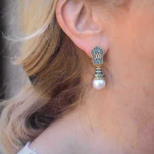 Matte Gold Clip on Art Deco Earrings Set with CZ Turquoise Aquamarine Pearl Pale Green Jade Real Pearl Vintage Style