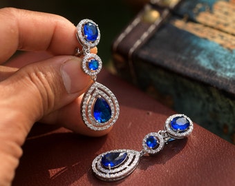 Boucles d'oreilles CLIP On NON Percées Pinces Pendante Argenté Art Déco Goutte Oval Cristal CZ Bleu Saphir Mariage Vintage Style 1920s