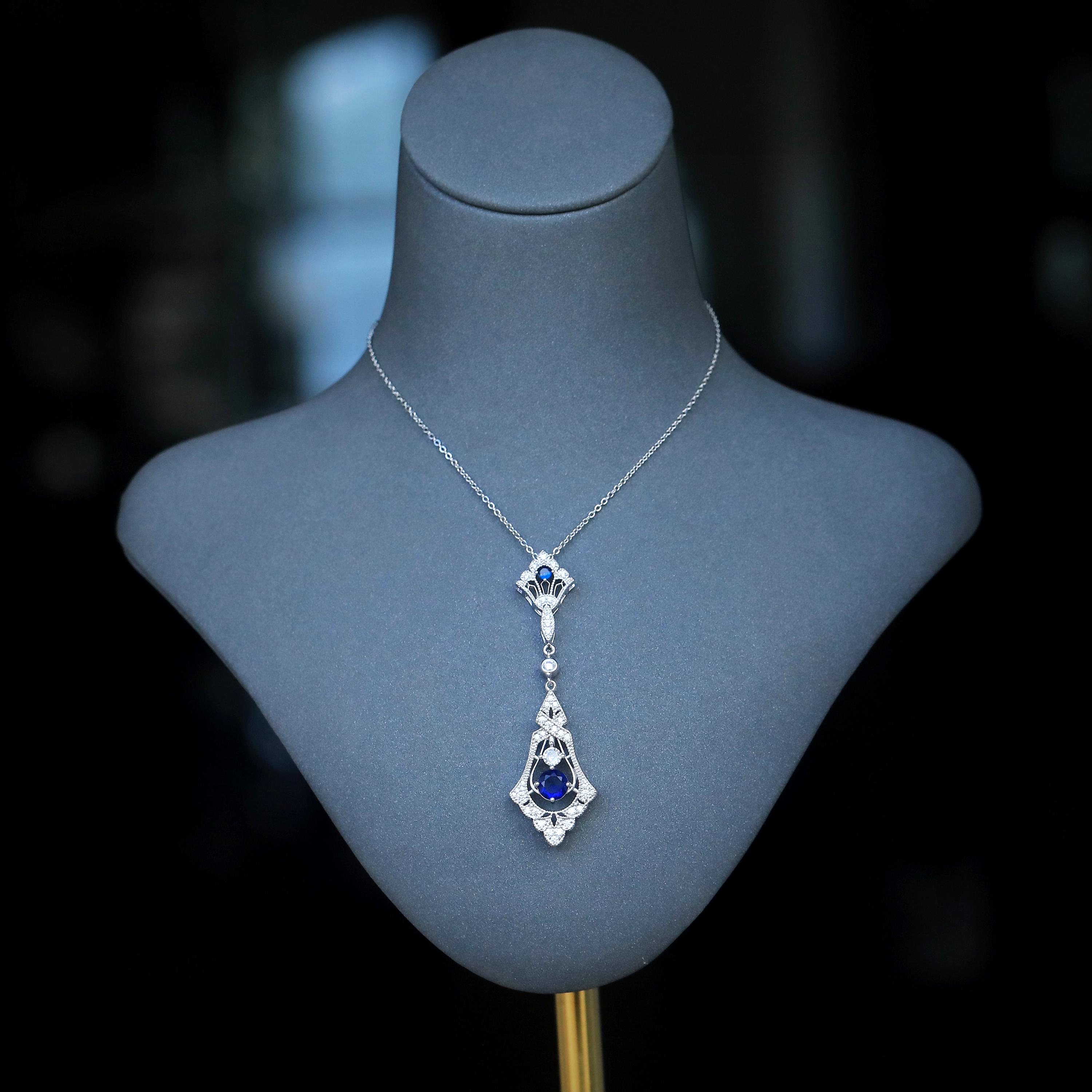 Stunning Art Deco Silver Fan Pendant Necklace Set With White and