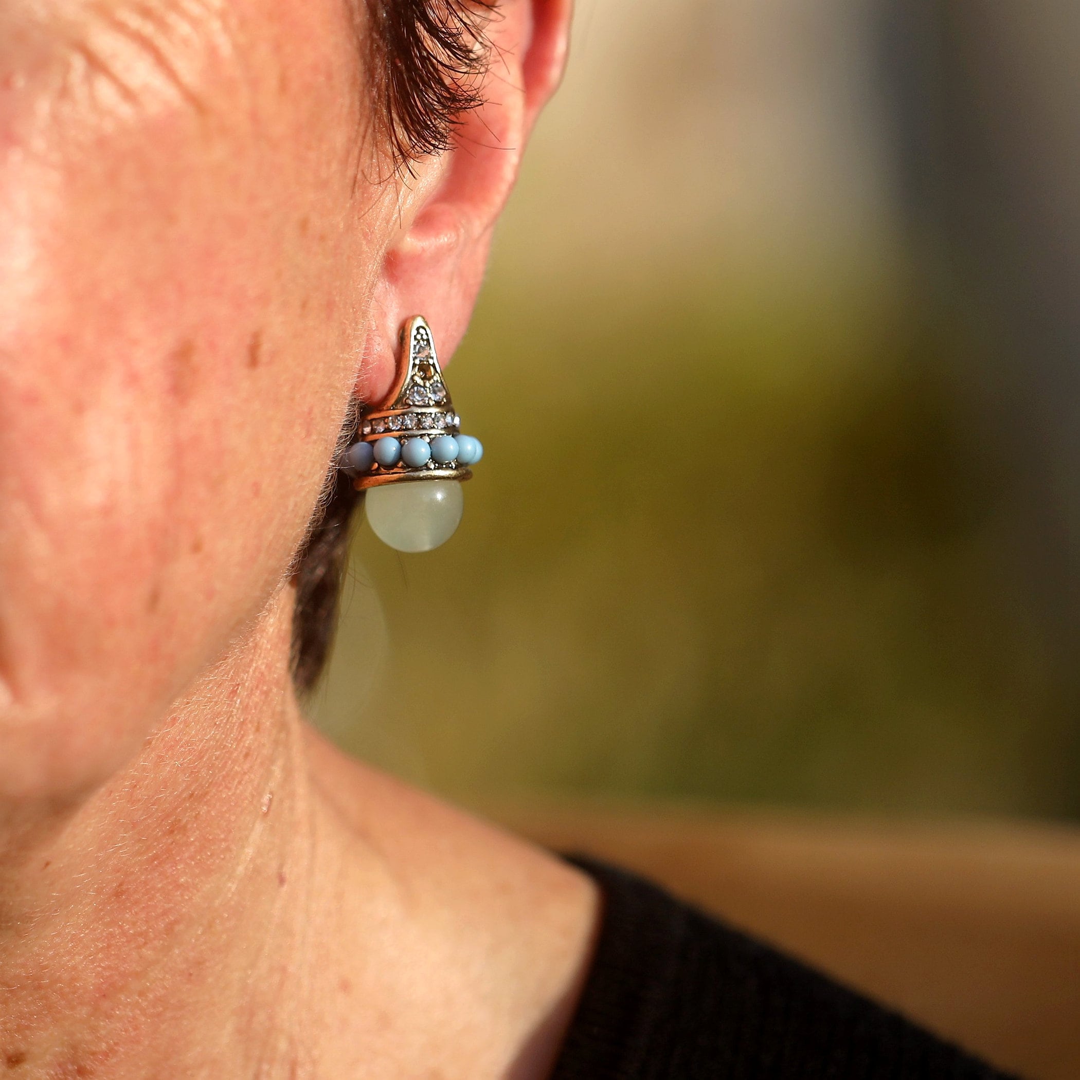 Boucles D'oreilles Clip Scarabée Motif Jade Bleu - Non Percées - Neuves - Fabrication Unique