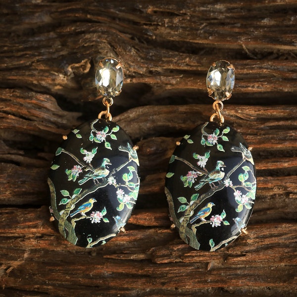 Boucles d'oreilles CLIP ON NON Percée Pince Pendant Doré Art Déco Ovale Résine Motif Jade Noir Pittoresque Oiseau Mariage Vintage Style