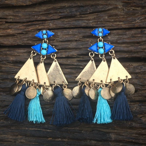 Boucles d'oreilles CLIP ON NON Percées Pinces Pendante Doré Art Déco Chandelier Ethnique Pompon Turquoise Bleu 1920s Mariage Vintage Style