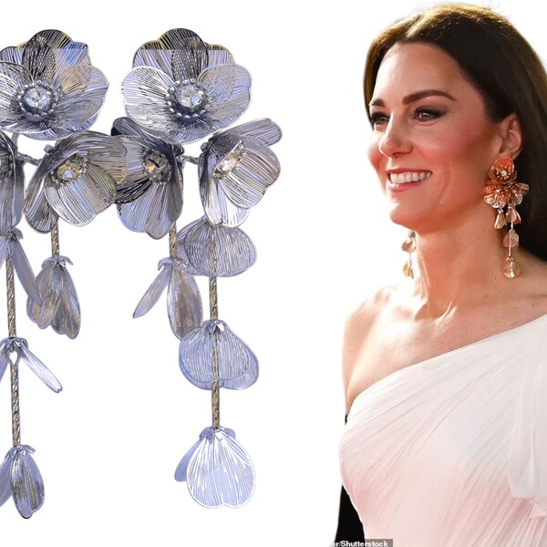 Boucles d'oreilles CLIP ON NON Percées Pendante Argenté Gros Chandelier Long Floral Métallique Fin Dentelle Vintage Style Princess Kate