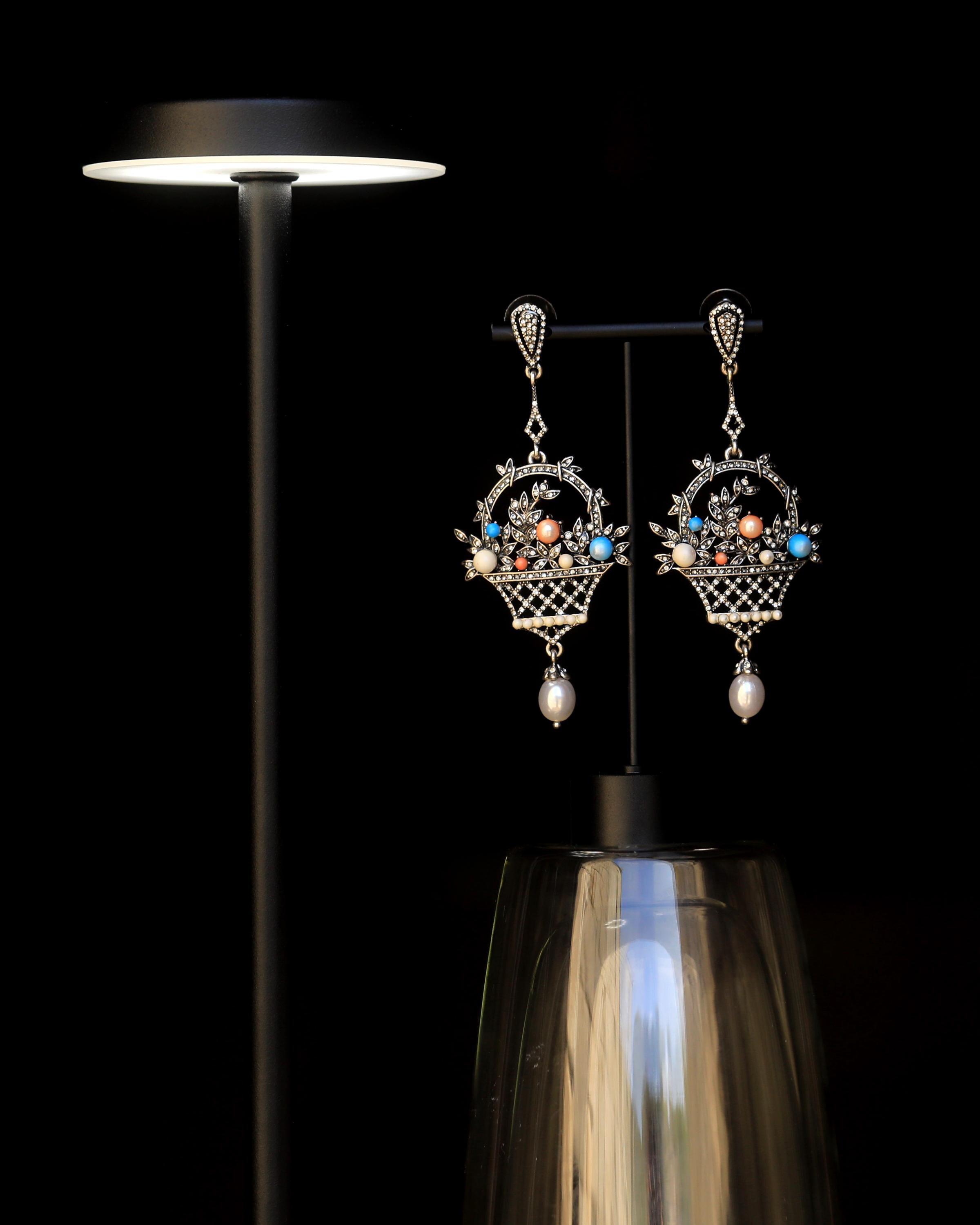 Boucles D'oreilles Clips Argentées Style Vintage - Panier Fleuri Chandelier - Bijou élégant Et Unique