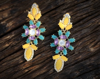 Boucles d'oreilles CLIP ON NON Percées Pinces Pendante Doré Art Déco Long Chandelier Floral Jaune Vert Violet Mariage Vintage Style 1920S