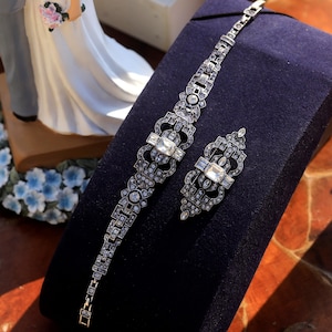 Stunning Art Deco Silver Geometric Floral Lace White Rhinestone Bracelet & Brooch Set Great Gatsby 1920s Vintage Style Wedding