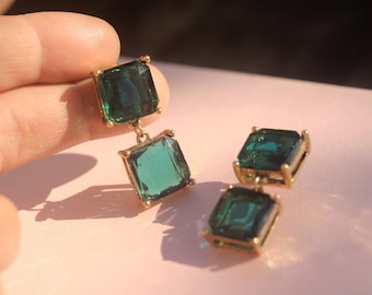 Earrings Studs CLIP ON NON Pierced Dangling Clips Golden Art Deco Geometric Two Square Emerald Green 14K Plated