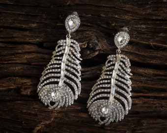 Boucles d'oreilles CLIP ON NON Percées Pinces Pendantes Argenté Art Déco Grosse Plume Pavé Strass Mariage Vintage Style 1920s