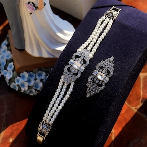 Stunning Art Deco Silver Geometric Lace Faux Pearl White Rhinestone Bracelet & Brooch Set Great Gatsby 1920s Vintage Style Wedding