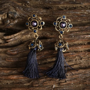 Clip On Earrings Non Pierced Gold Art Deco Floral Small Tassel Navy Blue Pearl Wedding Vintage Style 1920s
