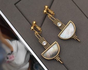 Art Deco Clip On Oorbellen Zonder Piercing Halve Cirkel Set Witte CZ Kroonluchter Grijze Parelmoer Vintage Stijl Bruiloft Lichtgewicht Verguld
