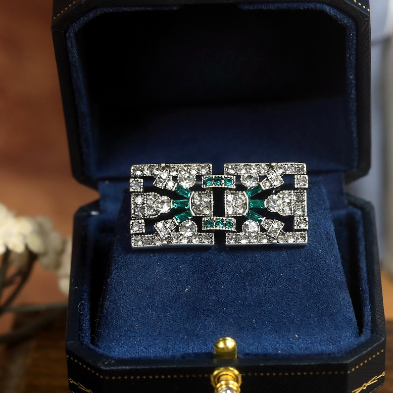Magnífico broche Art Déco oro geométrico ovalado rectángulo verde esmeralda Rhinestone gran Gatsby 1920s boda de estilo vintage imagen 5
