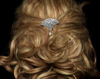 Stunning Silver Art Deco Fan Hair Comb Set with White CZ Real Cultured Pearl White Great Gatsby 1920s Vintage Wedding Style