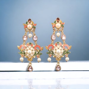Earrings Studs CLIP ON NON Pierced Dangling Golden Large Candlestick Enamel Pink Green White Pearl Wedding Vintage Renaissance Style
