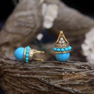Stunning Antique Gold Tone Byzantine Leverback Earrings Blue Turquoise Glass Bead 12mm Mini Faux Pearl CZ Setting Vintage 1920s Style