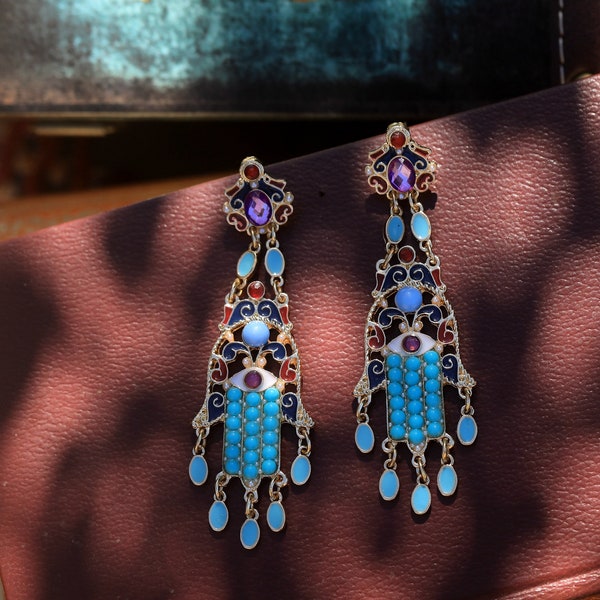 Boucles d'oreilles Clous CLIP ON NON Percées Pendante Doré Chandelier Mini Perle Turquoise Bleu Strass Violet Vintage Style Renaissance