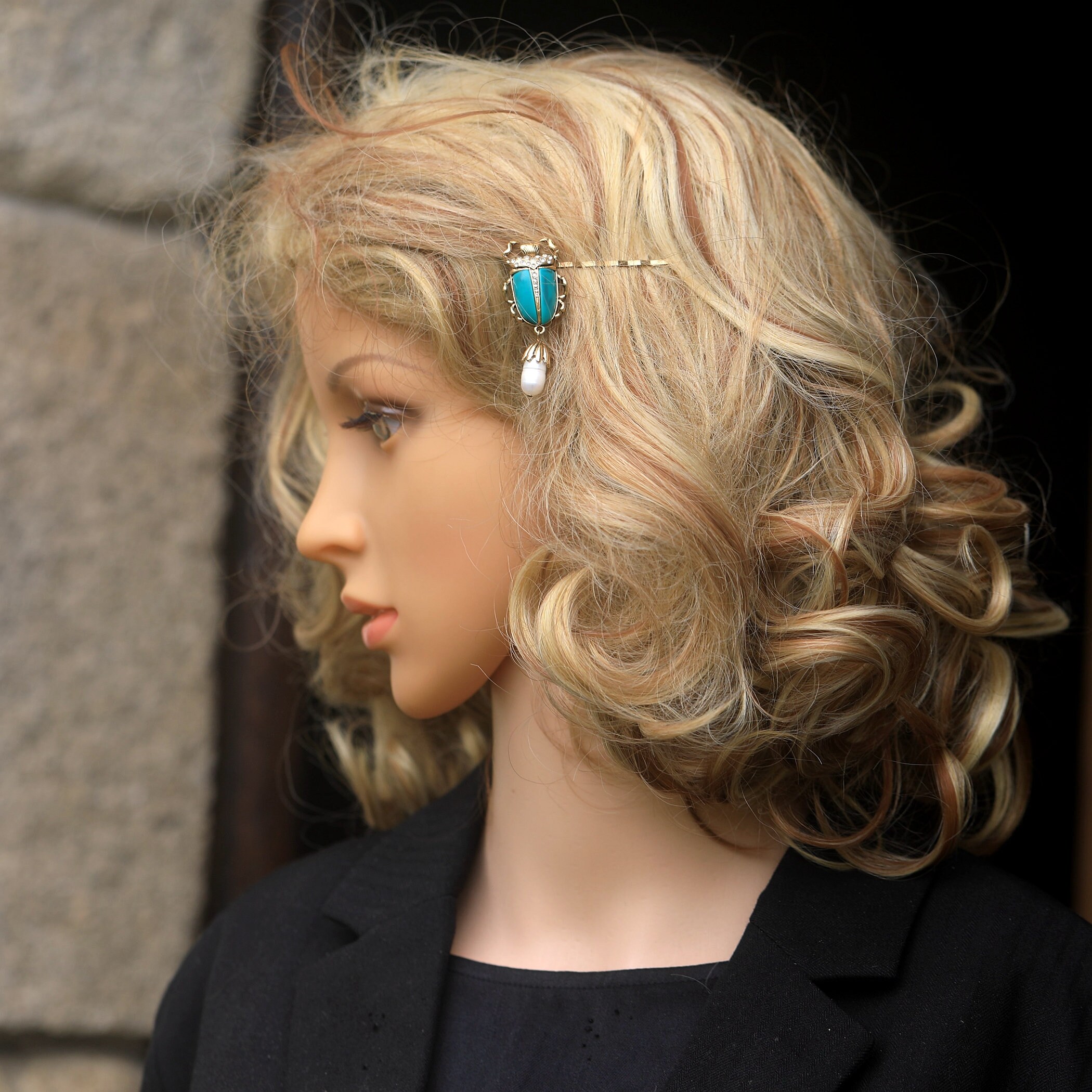 Pince à Cheveux Gotique Dorée - Insecte Scarabée Acrylique Turquoise, Modèle Unique