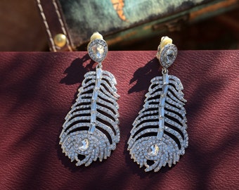 Boucles D'oreilles Clip Art Déco - CZ Blanc - Non Percées - NEUVES - Style Chandelier