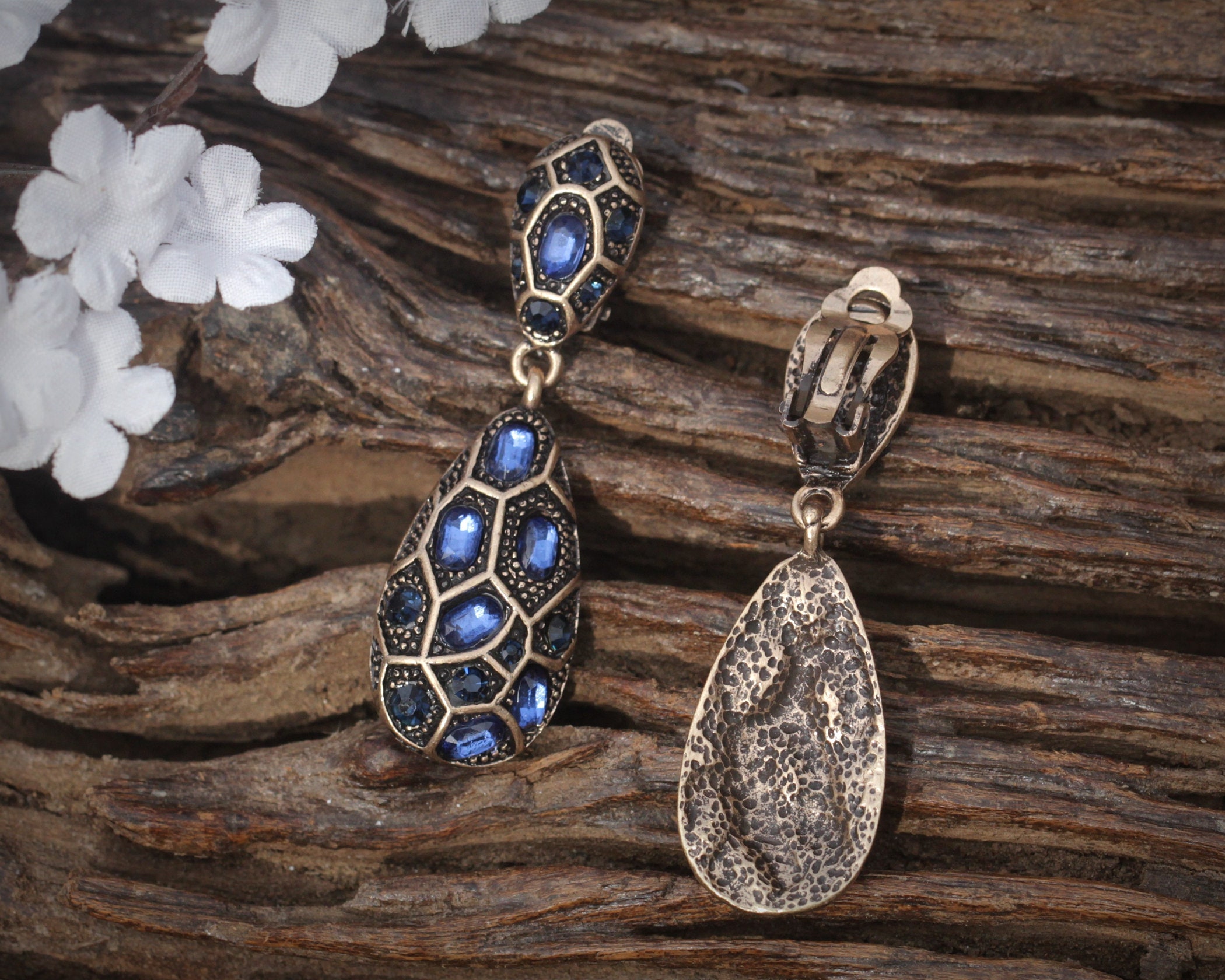 Boucles D'oreilles Art Déco Clips (non Percées) Avec Pendants CZ Bleu - Neuf - Modèle SA1