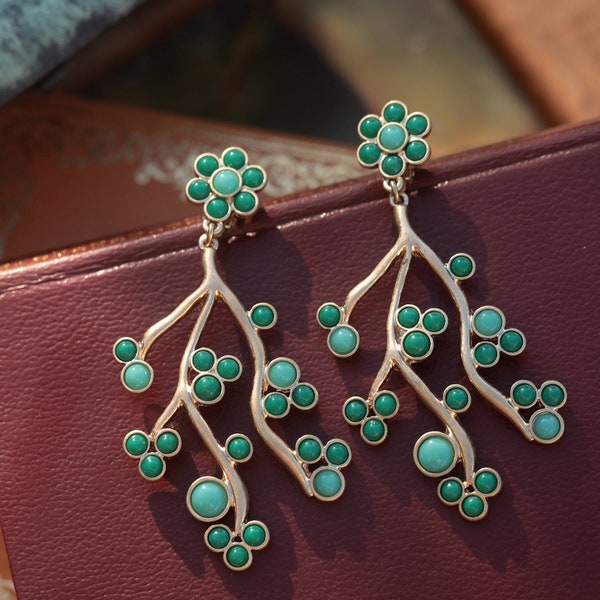 Boucles d'oreilles Art Déco Doré Clip on Gros Chandelier Branche Corail Mini Perle Résine Turquoise Bleu Vert Vintage Style