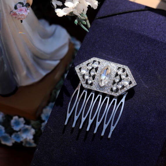 Antique Silver Art Deco Hair Comb Geometric Rectangle  display picture 1