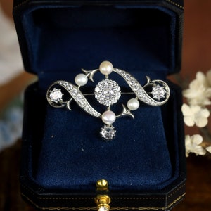 ブローチ & ペンダント ベルエポック アンティーク シルバー ローレル セット CZ ホワイト 天然養殖真珠 1900 年代 ヴィンテージ ウェディング スタイル ロジウムメッキ