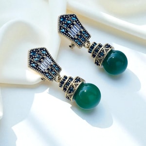 Superb Matte Gold Clip on Art Deco Sleeper Earrings Set with CZ Turquoise Pearl Agate Blue Green Vintage Style 1920s