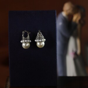Art Deco Sleeper Earrings Antique Silver Faux White Pearl 12mm Mini Pearl Rhinestone Vintage Wedding Style 1920s