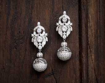 Boucles D'oreilles Clip (non Percées) Art Nouveau - Pendant Floral Avec CZ, Métal Argenté - Neuves