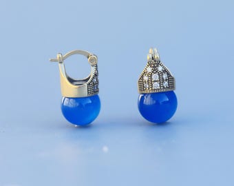 Stunning Art Deco Earrings Silver Gold Sleeper Lever Back Blue Agate Bead Simple Elegant 12mm Wedding Vintage Style