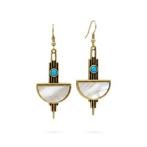Art Deco clip-on hook earrings, rectangular, half-circle, set with turquoise and white mother-of-pearl CZs, vintage style, lightweight, gold-plated