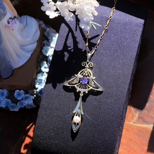 Stunning Antique Gold Matte Art Nouveau Leaf Branch Necklace Set with Purple Amethyst CZ and Genuine White Pearl, Vintage Style Wedding Necklace, Gold Plated