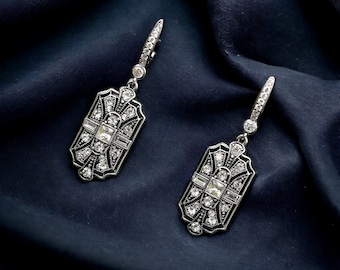 Boucles d'oreilles Dormeuses CLIP On NON Percées Pinces Pendante Art Déco Argenté Antique Strass Mariage Vintage Style 1920s Great Gatsby