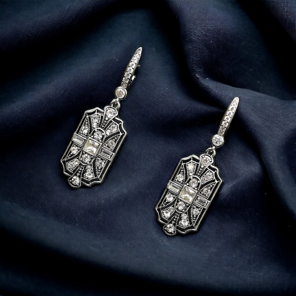 Boucles d'oreilles Dormeuses CLIP On NON Percées Pinces Pendante Art Déco Argenté Antique Strass Mariage Vintage Style 1920s Great Gatsby