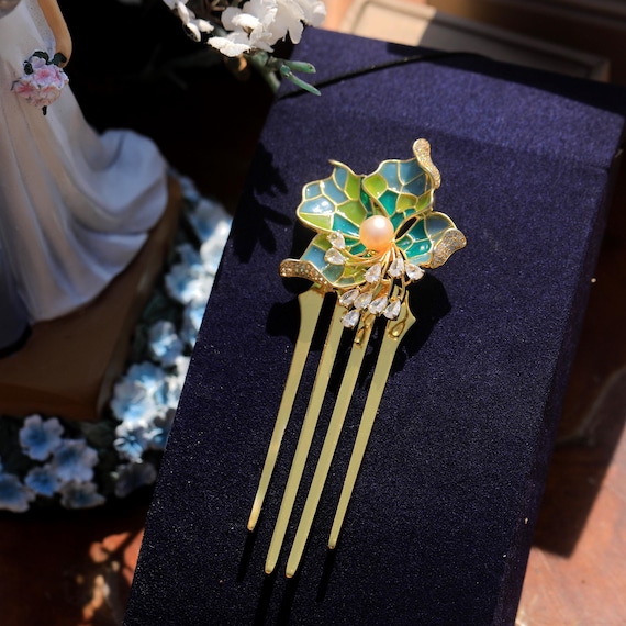 Art Deco Gold Tone Hair Comb Green Blue Enamel Flower With  display picture 2