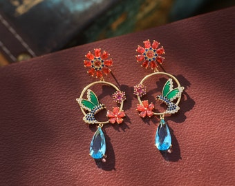 Boucles d'oreilles CLIP On NON Percées Clips à vis Pendantes Doré légère Oiseau Cercle Lampadario Cristal CZ Arc-en-Ciel Bleu Orange Mariage