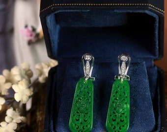 Boucles D'oreilles Clip Doré Style Art Déco - Jade Sculpté Vert Floral Années 1920