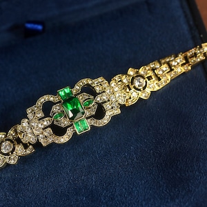 Stunning Antique Gold Art Deco Bracelet Geometric Floral Rhinestone Emerald Green Navy Blue Lace Vintage Wedding 1920s Great Gatsby Style