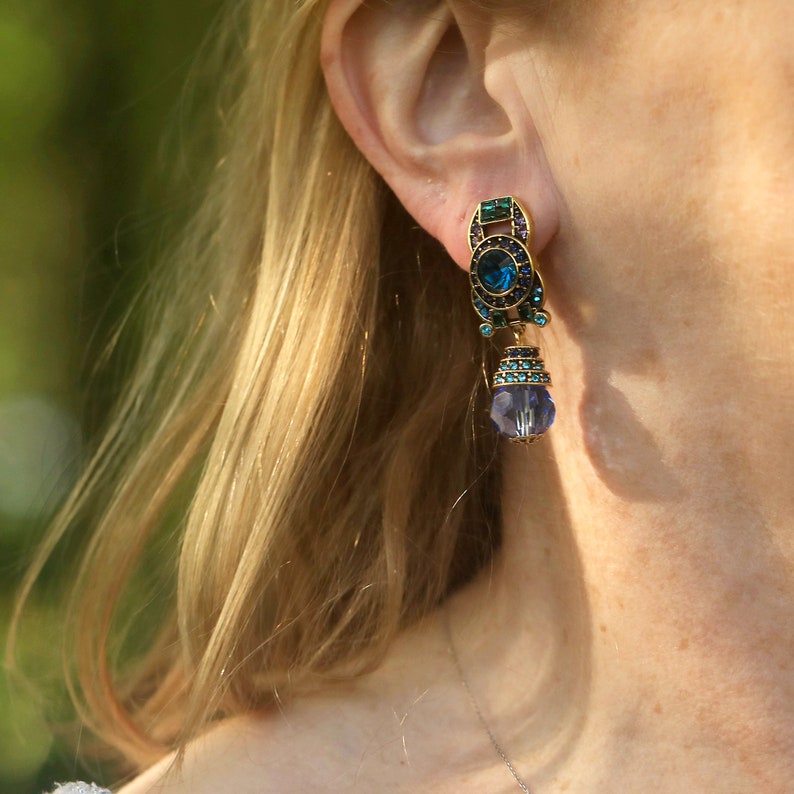 Boucles d'oreilles CLIP ON NON Percées Pinces Pendante Pavé Strass Turquoise Perle en Verre Facetté Bleu Pale Vintage Style image 6