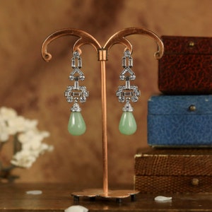 Art Deco Clip on Stud Earrings Non Pierced White CZ Beautiful Pale Green Aventurine Pearl Vintage Style 1920s Wedding Rhodium Plated