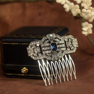 Peineta Peineta Art Déco Plata Antigua Geométrica Pavimentar Rhinestone Azul Zafiro Años 20 Estilo Vintage Boda 925 Plata Esterlina Plateada