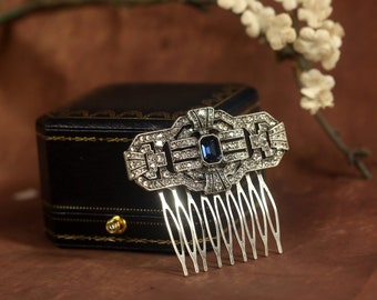 Hair Comb Comb Art Deco Antique Silver Geometric Pave Rhinestone Blue Sapphire 1920s Vintage Style Wedding 925 Sterling Silver Plated