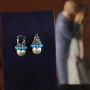 Art Deco Sleeper Earrings Antique Silver Faux White Pearl 12mm Mini Turquoise Pearl Syn. Rhinestone Vintage Style
