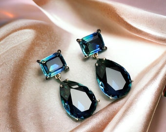CLIP ON NON Pierced Earrings Clips Dangling Golden Art Deco Geometric Rectangle Drop Faceted Glass Green Blue Vintage Style