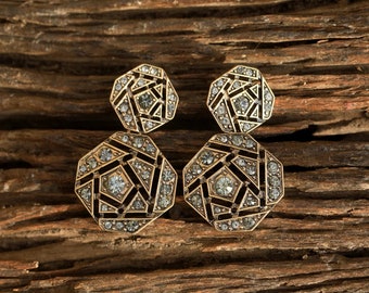 Ohrstecker zum Anklipsen, nicht durchbohrte Clips, baumelnd, goldenes geometrisches Achteck, Art-Deco-grauer Kristall, Hochzeit, Vintage-Stil, 1920er Jahre