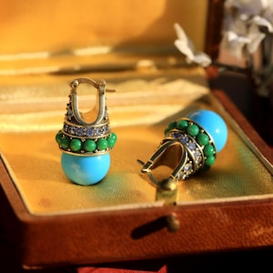 Byzantine Gold Tone Antiqued Glass Turquoise Blue Pearl 12mm Mini Faux Green Pearl CZ Setting Vintage 1920s Style Stud Earrings
